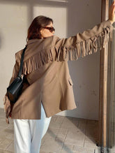 Aurohaya Solid Color Fringed Blazer for Women Elegant Casual Buttoned Long Sleeve Loose Jacket with Pockets